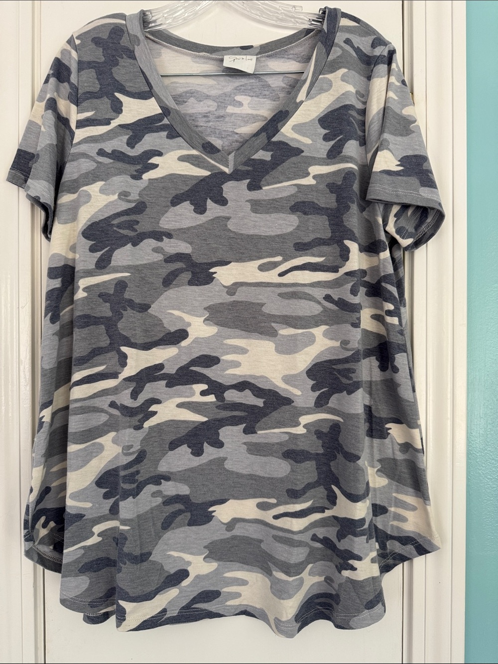 TALL ALERT! Sew In Love Gray Blue Cream Camo V-Neck Tunic